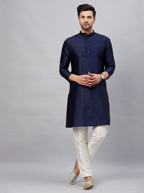 Vastramay Men's Navy Blue Woven Kurta With pant Set
