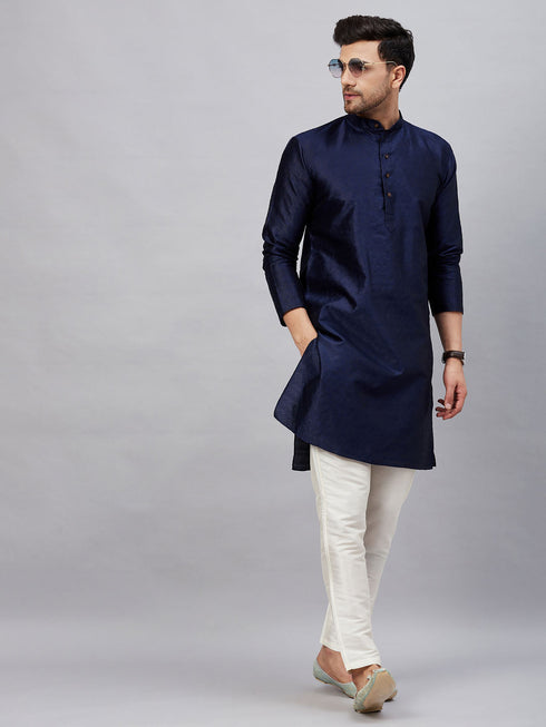 Vastramay Men's Navy Blue Woven Kurta With pant Set