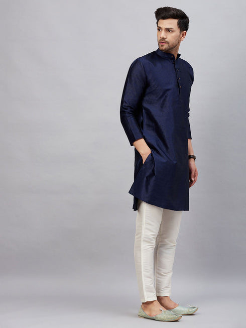 Vastramay Men's Navy Blue Woven Kurta With pant Set