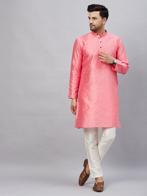 Vastramay Men's Pink Woven Kurta With pant Set
