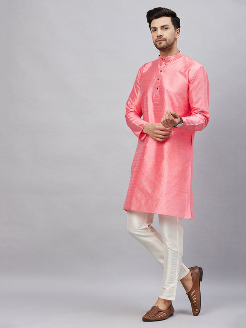 Vastramay Men's Pink Woven Kurta With pant Set