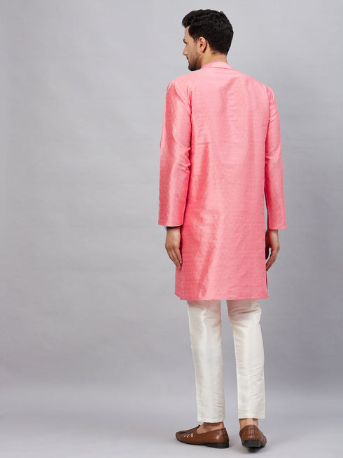 Vastramay Men's Pink Woven Kurta With pant Set