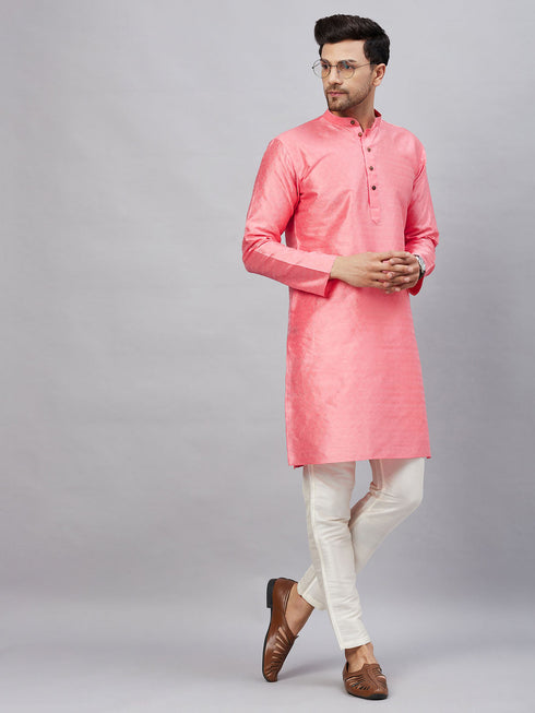 Vastramay Men's Pink Woven Kurta With pant Set