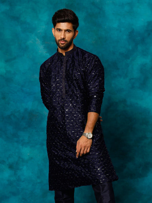 Vastramay Men's Blue Silk Blend Embellished Kurta