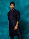 Vastramay Men's Blue Silk Blend Embellished Kurta