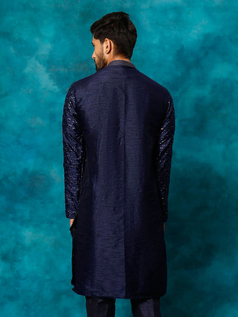 Vastramay Men's Blue Silk Blend Embellished Kurta