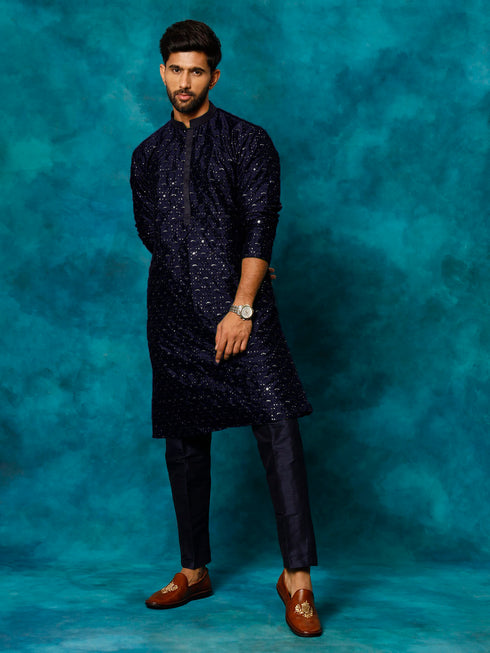 Vastramay Men's Blue Silk Blend Embellished Kurta