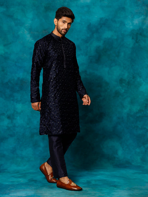Vastramay Men's Blue Silk Blend Kurta Pyjama Set