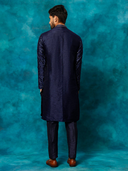 Vastramay Men's Blue Silk Blend Kurta Pyjama Set