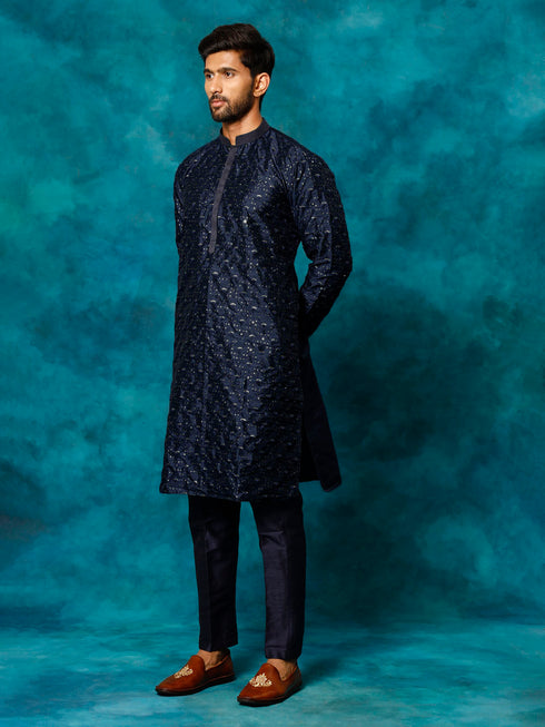 Vastramay Men's Blue Silk Blend Kurta Pyjama Set
