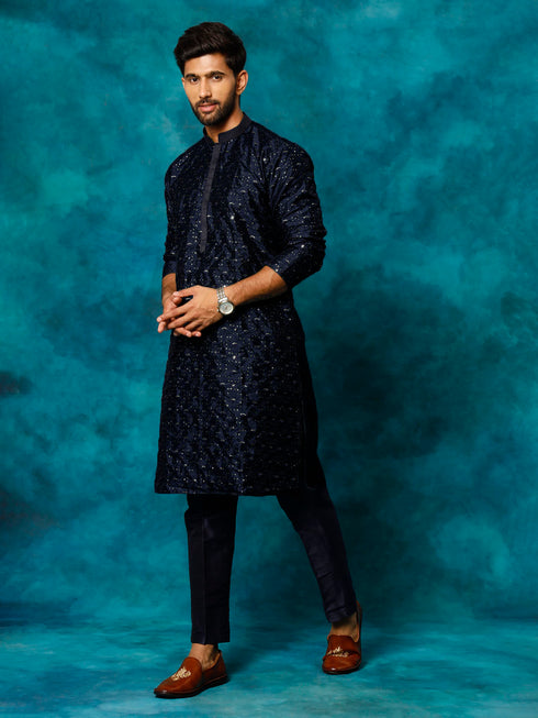 Vastramay Men's Blue Silk Blend Kurta Pyjama Set