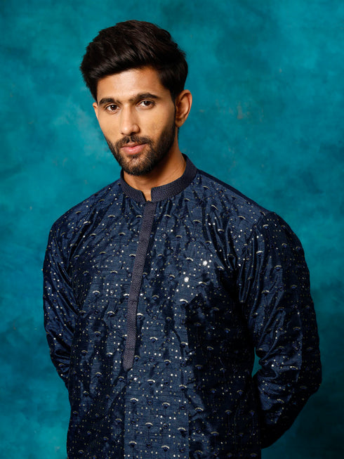Vastramay Men's Blue Silk Blend Kurta Pyjama Set