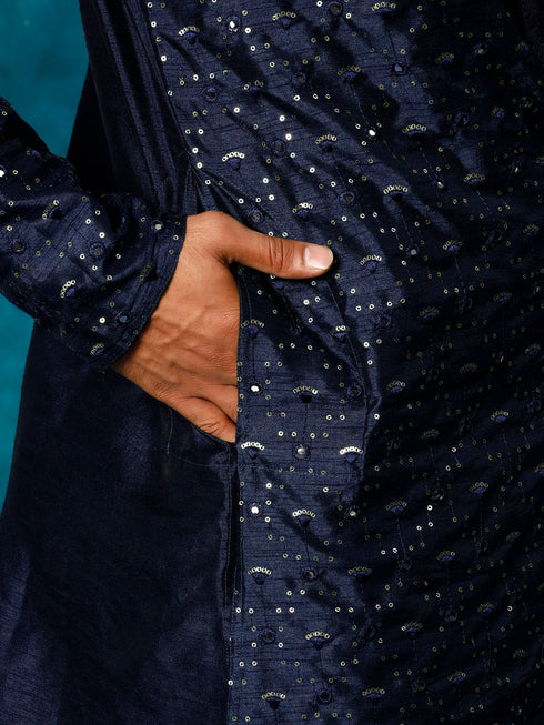 Vastramay Men's Blue Silk Blend Kurta Pyjama Set