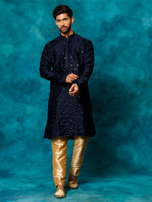 Vastramay Men's Blue Silk Blend Kurta Pyjama Set