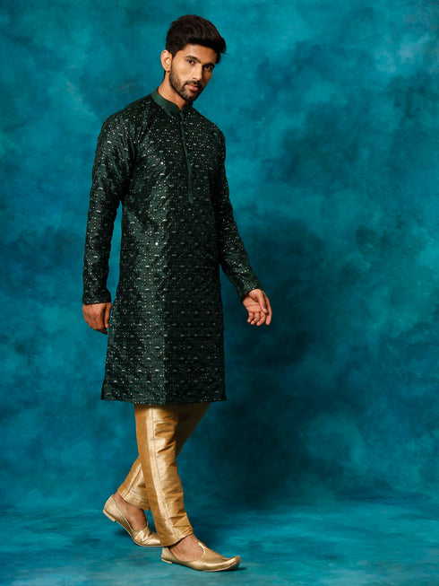 Vastramay Men's Green Silk Blend Kurta Pyjama Set