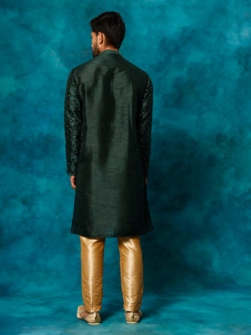 Vastramay Men's Green Silk Blend Kurta Pyjama Set