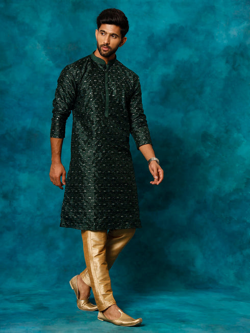 Vastramay Men's Green Silk Blend Kurta Pyjama Set