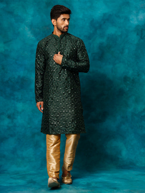 Vastramay Men's Green Silk Blend Kurta Pyjama Set