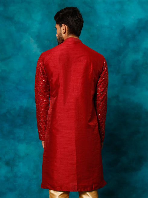 Vastramay Men's Maroon Silk Blend Embellished Kurta