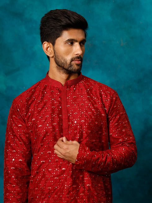Vastramay Men's Maroon Silk Blend Kurta Pyjama Set