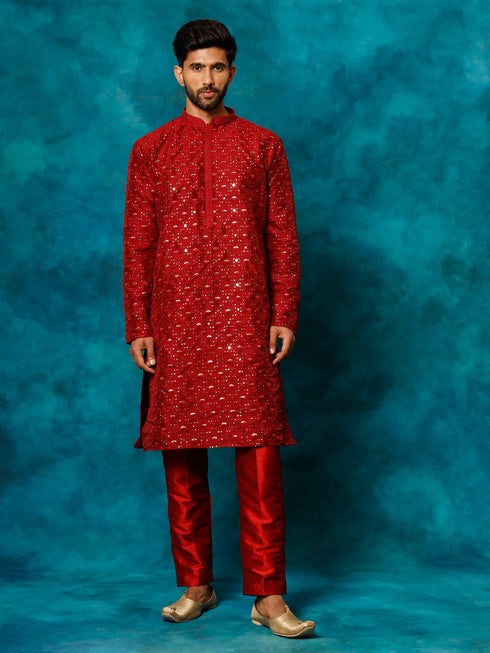 Vastramay Men's Maroon Silk Blend Kurta Pyjama Set