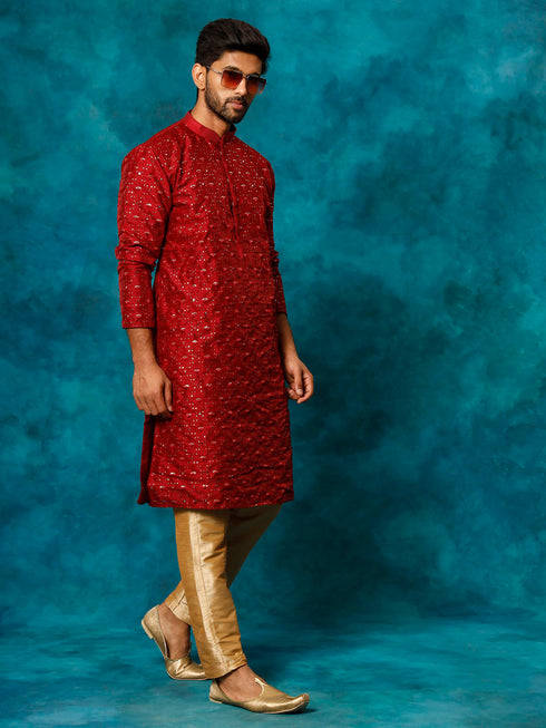 Vastramay Men's Maroon Silk Blend Kurta Pyjama Set