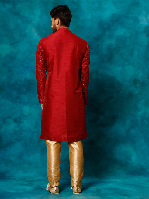 Vastramay Men's Maroon Silk Blend Kurta Pyjama Set