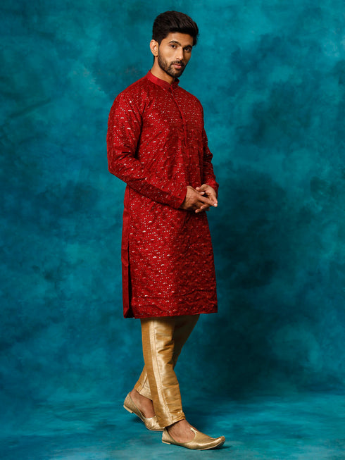Vastramay Men's Maroon Silk Blend Kurta Pyjama Set