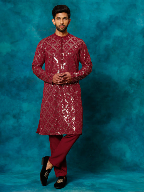 Vastramay Men's Maroon Embellished Georgette Kurta