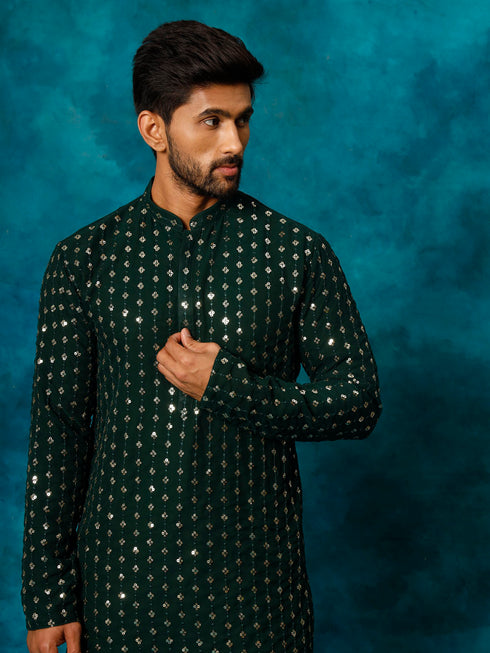 Vastramay Men's Green Georgette Sequins Kurta