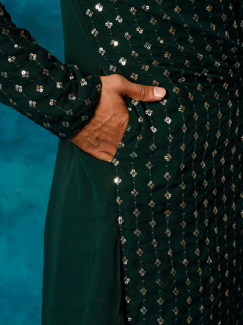 Vastramay Men's Green Georgette Sequins Kurta