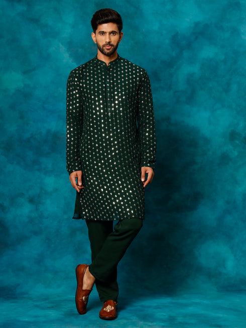 Vastramay Men's Green Georgette Sequins Kurta