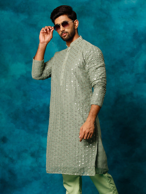 Vastramay Men's Mint Green Georgette Sequins Kurta