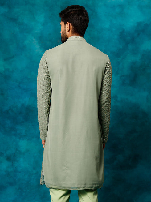 Vastramay Men's Mint Green Georgette Sequins Kurta