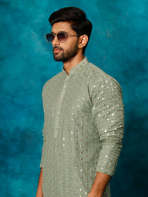 Vastramay Men's Mint Green Georgette Sequins Kurta