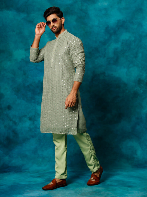 Vastramay Men's Mint Green Georgette Sequins Kurta