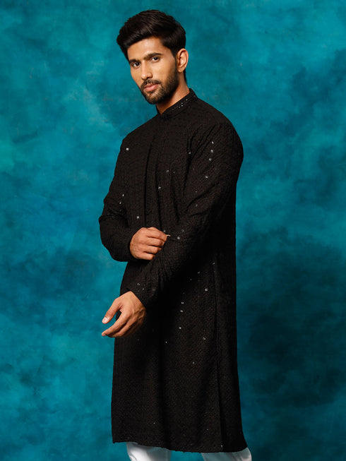 Vastramay Men's Black Rayon Schiffli Kurta