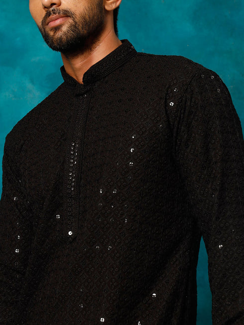 Vastramay Men's Black Rayon Schiffli Kurta