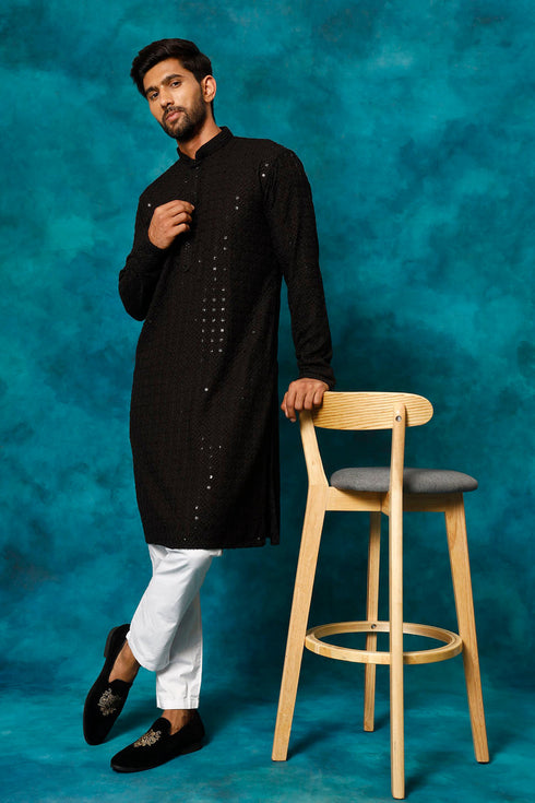 VM By VASTRAMAY Men's Black Rayon Schiffli Kurta And Pant Set