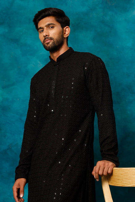 VM By VASTRAMAY Men's Black Rayon Schiffli Kurta And Pant Set