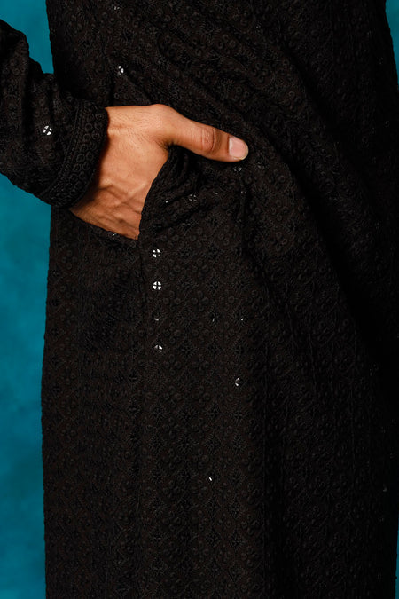 VM By VASTRAMAY Men's Black Rayon Schiffli Kurta And Pant Set