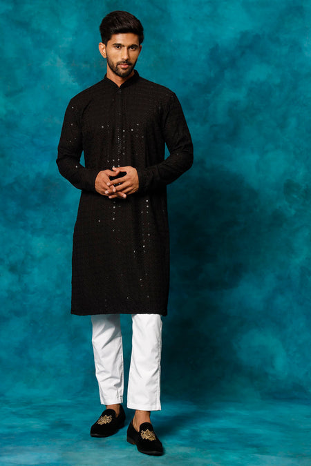 VM By VASTRAMAY Men's Black Rayon Schiffli Kurta And Pant Set