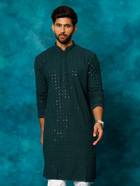 Vastramay Men's Green Rayon Schiffli Kurta