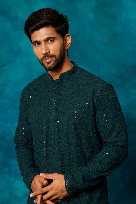 VM By VASTRAMAY Men's Green Rayon Schiffli Kurta And Pant Set