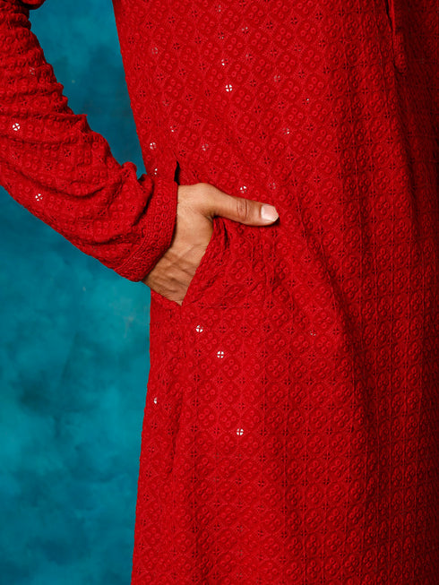 Vastramay Men's Maroon Rayon Schiffli Kurta