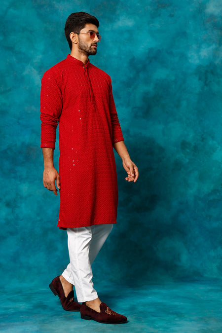 VM By VASTRAMAY Men's Maroon Rayon Schiffli Kurta And Pant Set