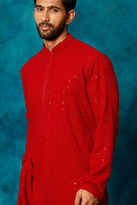 VM By VASTRAMAY Men's Maroon Rayon Schiffli Kurta And Pant Set