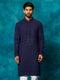 Vastramay Men's Navy Blue Rayon Schiffli Kurta