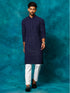 Vastramay Men's Navy Blue Rayon Schiffli Kurta