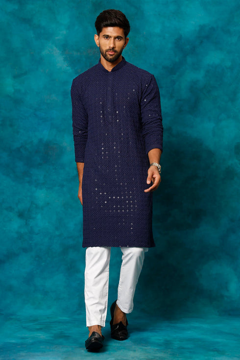 VM By VASTRAMAY Men's Navy Blue Rayon Schiffli Kurta And Pant Set
